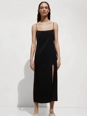 Mango Black Slip Midi Dress with Side Slit - Sz 10